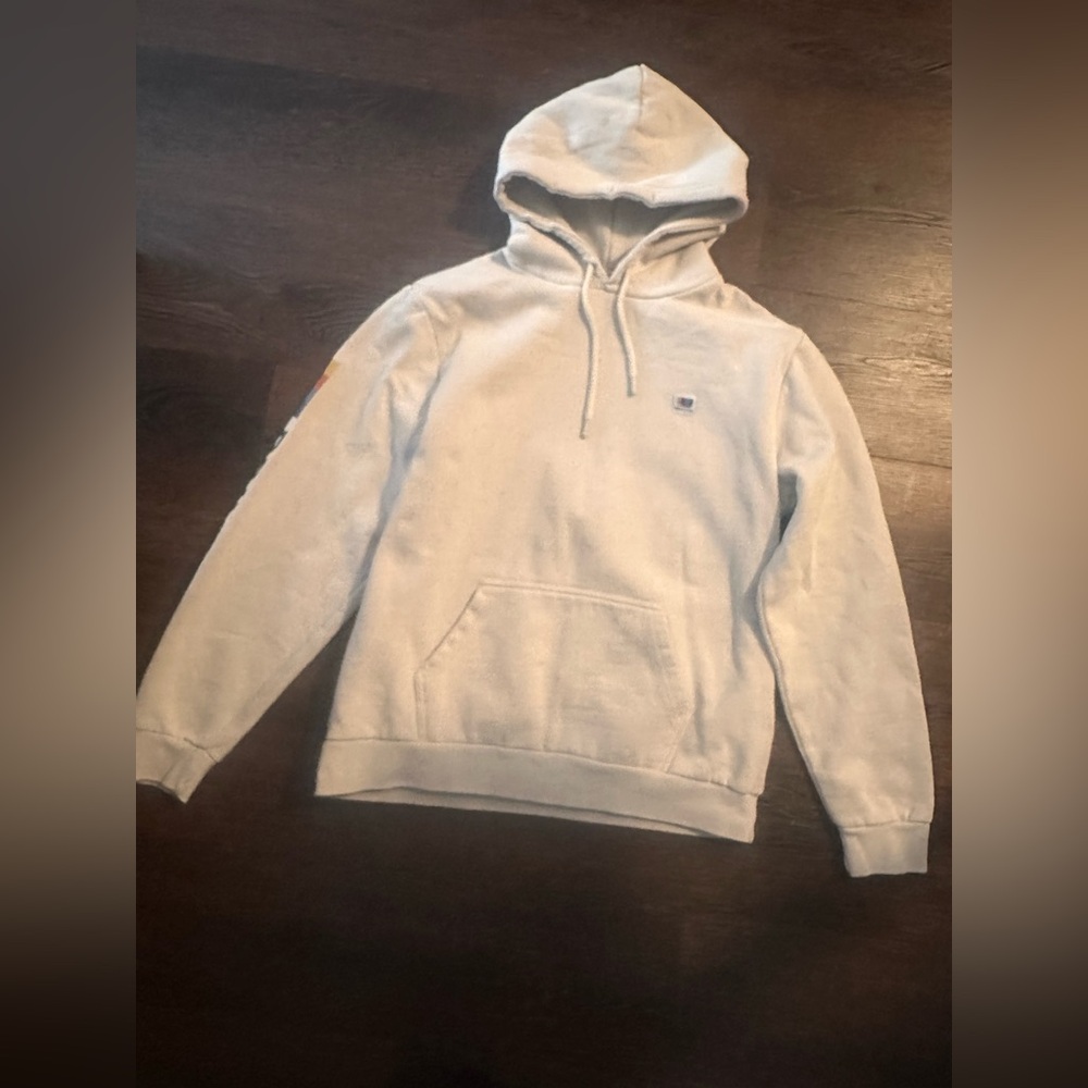 Brixton Beige Hoodie Size M Logo Sleeve Streetwear Pullover Kangaroo Pocket